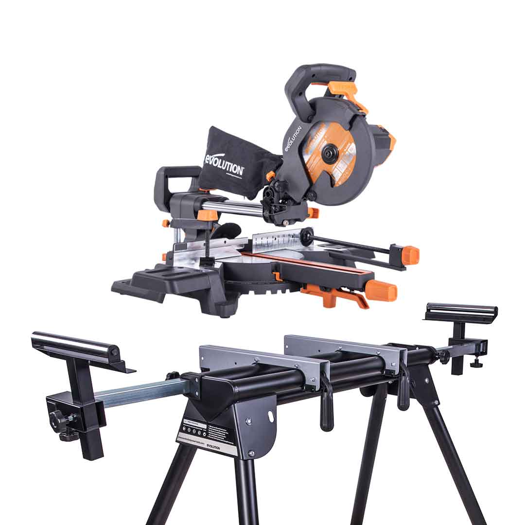 Piła ukośnica Evolution R210SMS-300+ 210mm z wielomateriałową tarczą TCT + stojak