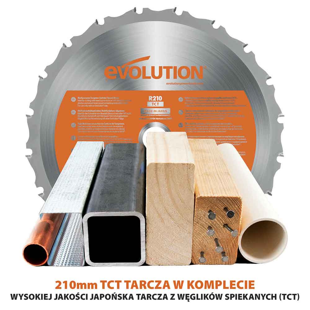 Piła ukośnica ukosowa Evolution R210CMS+ 210 mm z wielomateriałową tarczą TCT