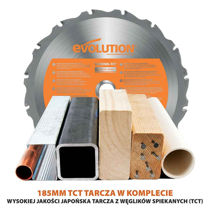 Piła tarczowa Evolution R185CCSL 185 mm z tarczą TCT do cięcia wielu materiałów