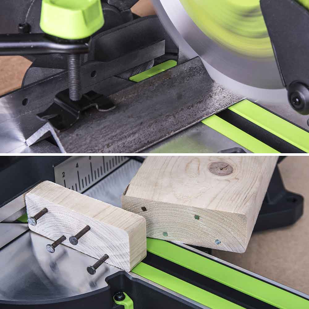 Piła ukośnica Evolution F255SMS 255 mm z wielomateriałową tarczą TCT + stojak